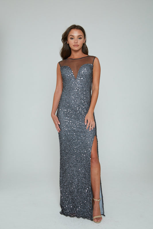 291 - LONGS DRESS, SHEER FRONT, BEADED BACK & TRAIN