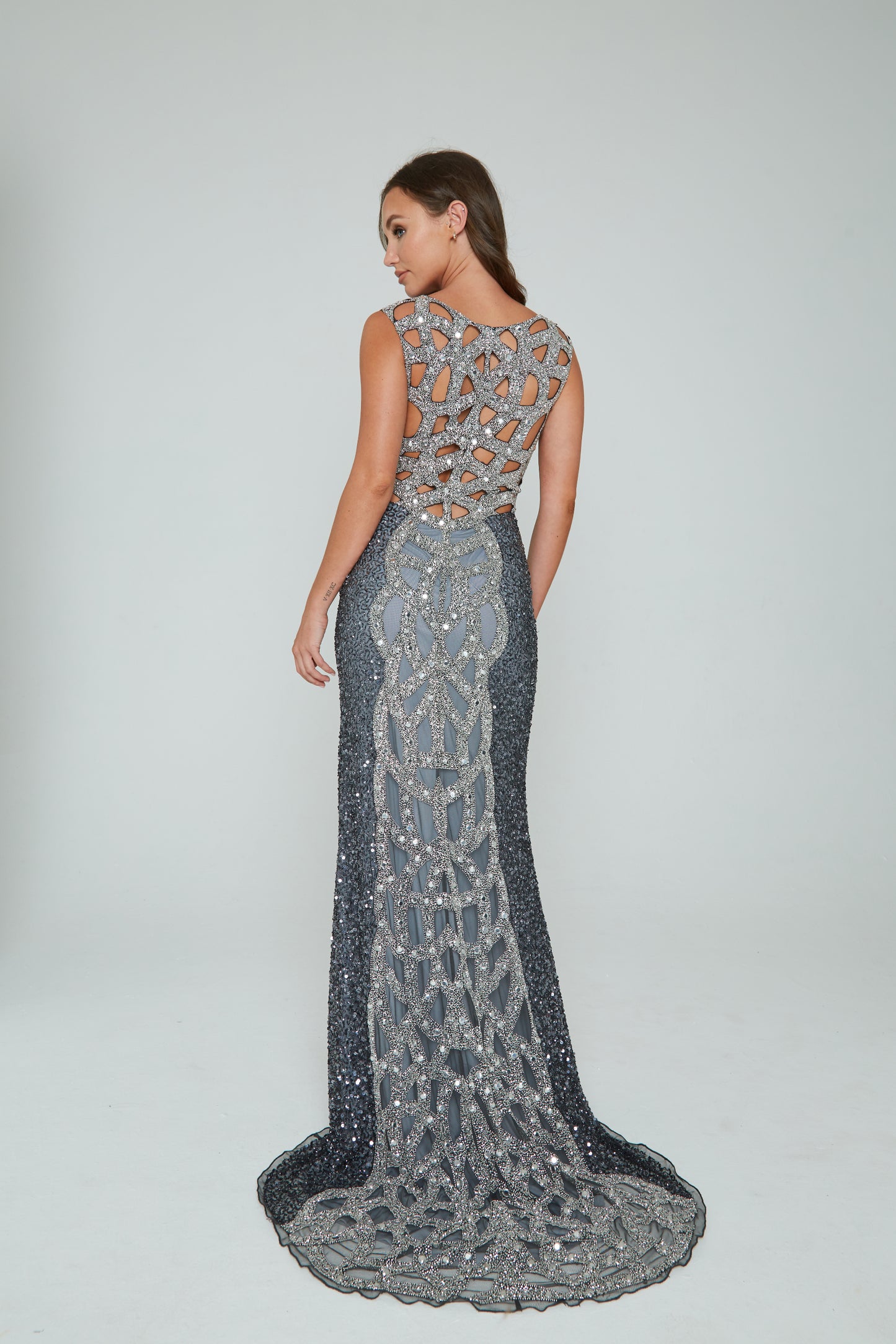 291 - LONGS DRESS, SHEER FRONT, BEADED BACK & TRAIN