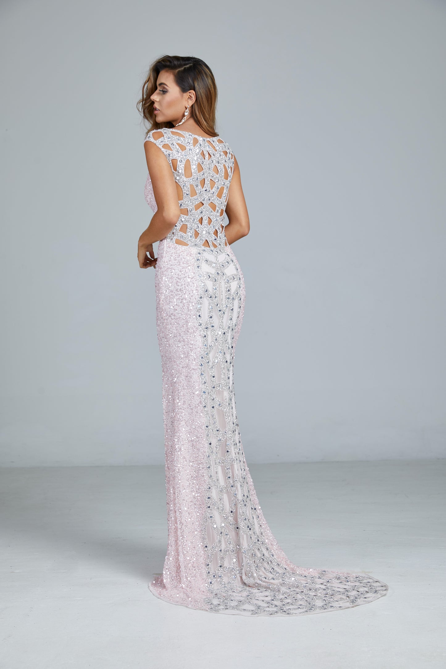 291 - LONGS DRESS, SHEER FRONT, BEADED BACK & TRAIN