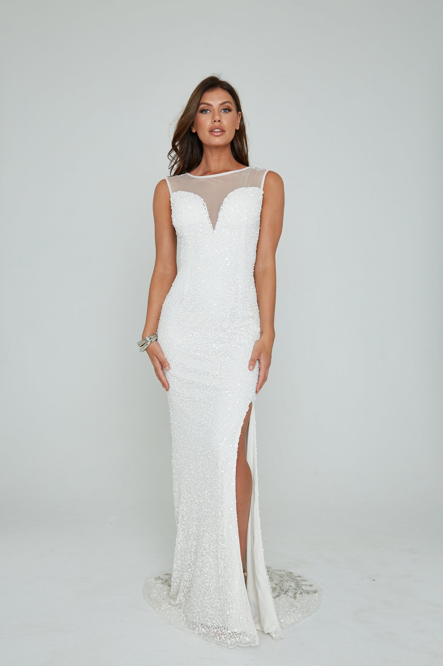 291 - LONGS DRESS, SHEER FRONT, BEADED BACK & TRAIN