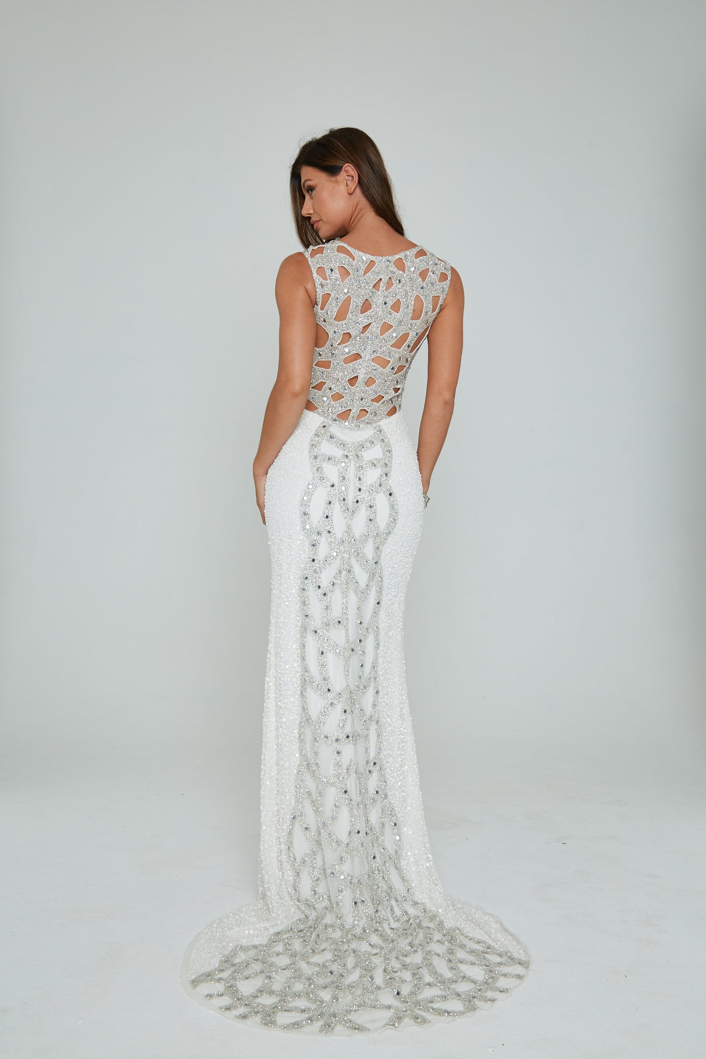 291 - LONGS DRESS, SHEER FRONT, BEADED BACK & TRAIN