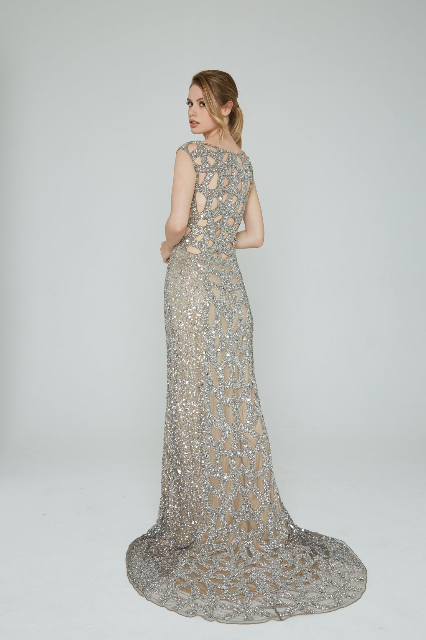 291 - LONGS DRESS, SHEER FRONT, BEADED BACK & TRAIN