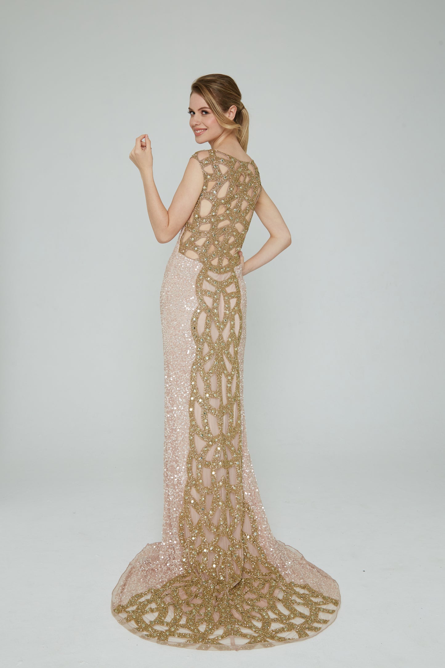 291 - LONGS DRESS, SHEER FRONT, BEADED BACK & TRAIN