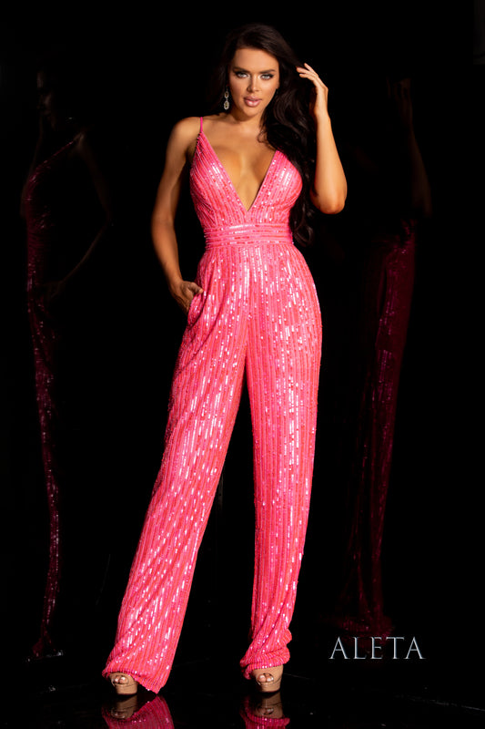 516 - JUMPSUIT V-NECK SEQUINS STRAIGHT LINE MOTIF